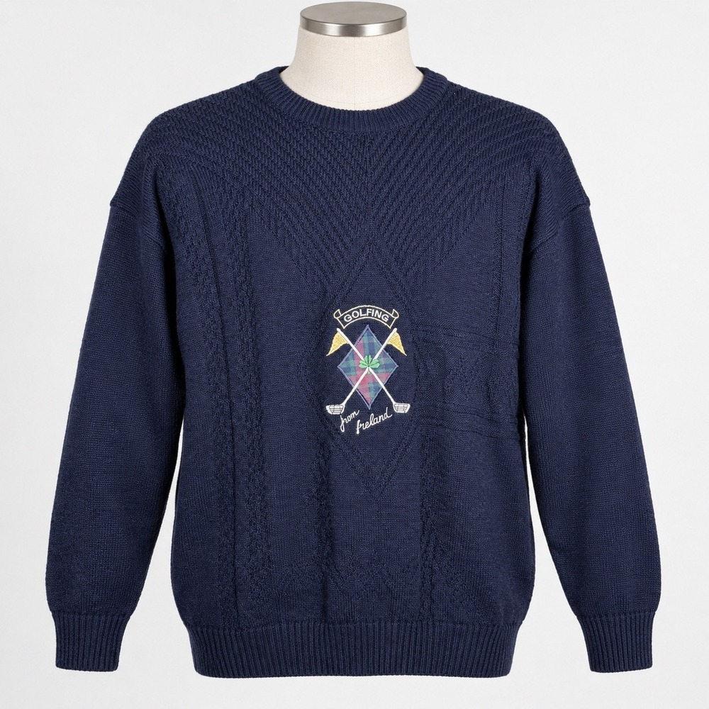 Blarney Castle Designs Ireland Golf Sweater  Navy Cable Knit Club Crew  Large